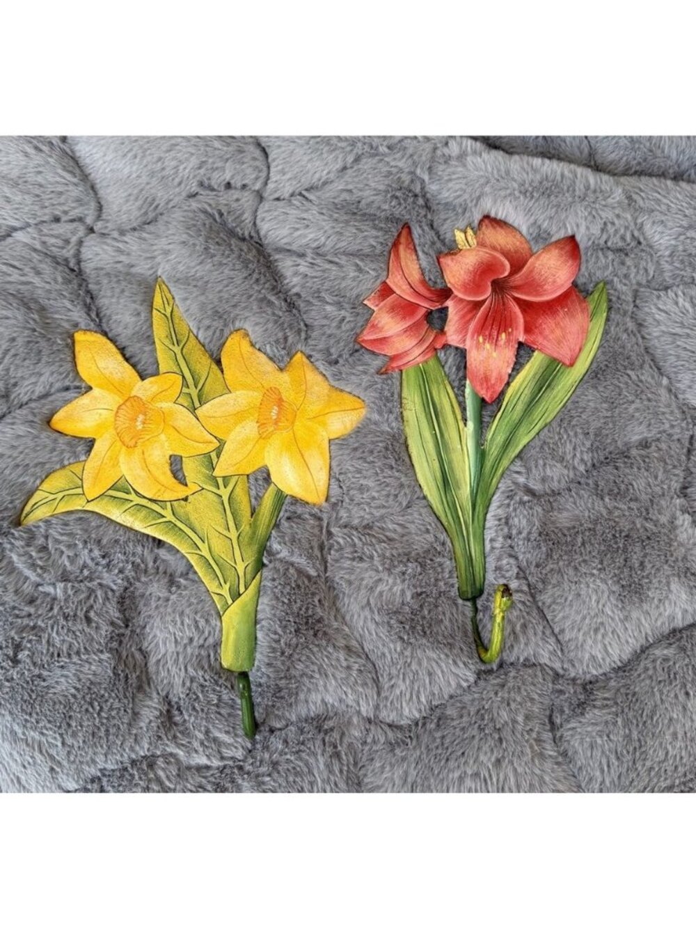 Vintage Metal Painted Wall Hooks Flowers made in Haiti Set of 2